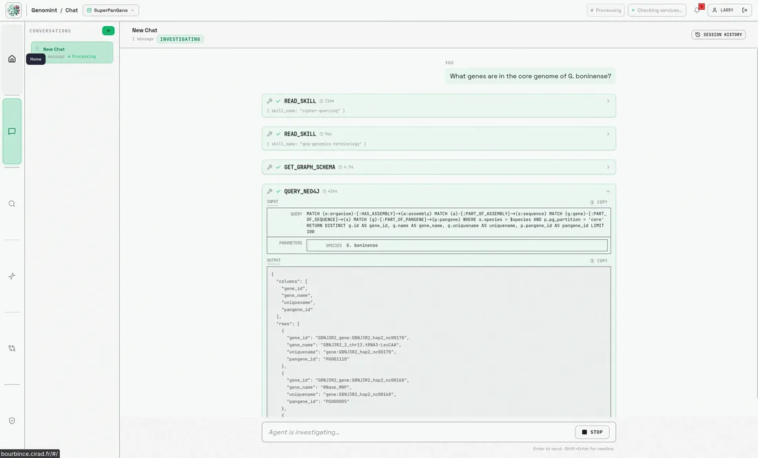 Chat GenomInt affichant une question sur le core genome de G. boninense et les appels READ_SKILL, GET_GRAPH_SCHEMA et QUERY_NEO4J.