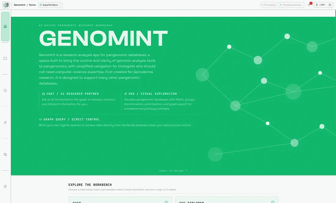 Accueil GenomInt vert, avec présentation des accès Chat, GKG Explorer et Graph Query.